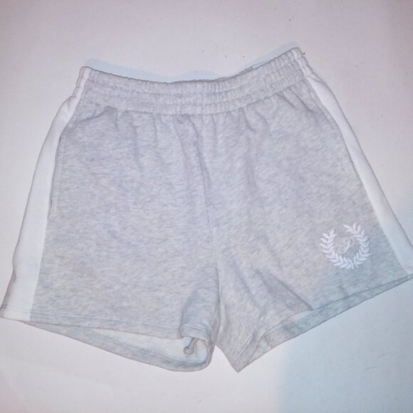 Victoria Secret PINK Shorts Gray White High Rise Ivy Fleece Pockets Drawstring - Picture 1 of 11